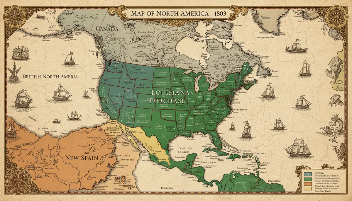Map illustrating the immense territory of the Louisiana Purchase in 1803, doubling the United States.