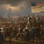 1860 Election: 3 Critical States & Path to Civil War Illustration of an intense political debate during the 1860 presidential election, showing a divided nation.