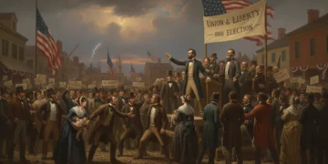 Illustration of an intense political debate during the 1860 presidential election, showing a divided nation.