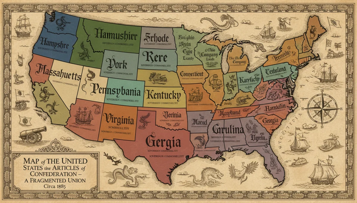 Map of the United States in the late 18th century, highlighting state sovereignty under the Articles.