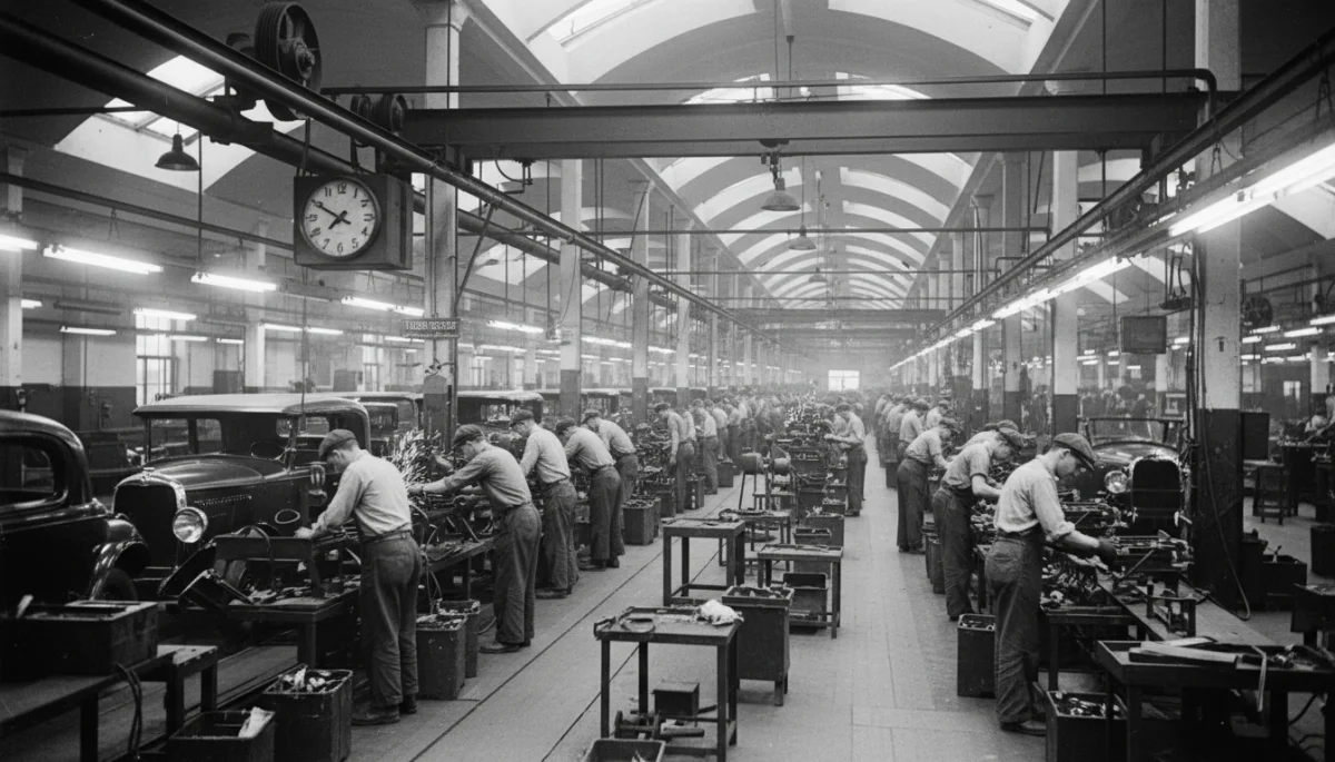1920s factory assembly line with workers and manufactured goods