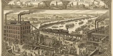 Industrial revolution scene in 19th-century America with factories and steam power