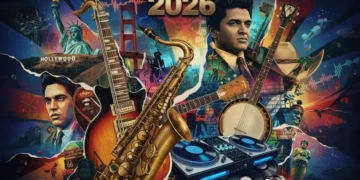 Dynamic collage showcasing diverse American music genres and their cultural impact in 2026.