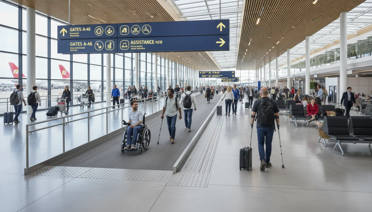 Diverse travelers using accessible airport facilities