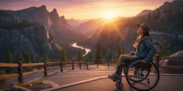 Traveler in wheelchair enjoying accessible national park view