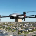 Advanced drone flying over a suburban area, integrating into national airspace