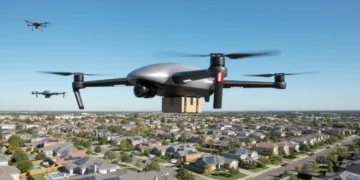 Advanced drone flying over a suburban area, integrating into national airspace