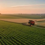 USDA's 2026 Outlook: 5% National Crop Yield Increase Projected Vast agricultural field with healthy crops and modern farm equipment at sunrise, symbolizing growth and efficiency.