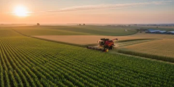 Vast agricultural field with healthy crops and modern farm equipment at sunrise, symbolizing growth and efficiency.