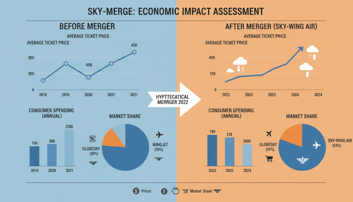 Infographic comparing pre- and post-merger airline ticket prices and market share