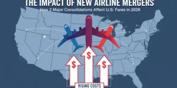 Stylized graphic illustrating airline mergers and their impact on U.S. airfares in 2026