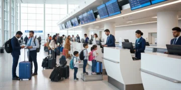 Travelers checking in luggage at an airport in 2026, navigating new baggage policies