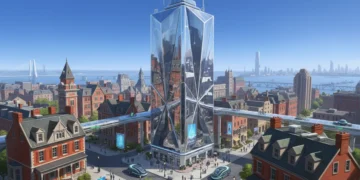 Diverse American architectural styles cityscape reflection