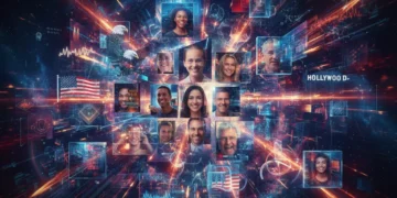 Digital mosaic representing evolving American identity in 2026, with diverse faces and tech elements.