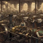 Industrial Revolution in America: 3 Breakthroughs by 1900 Bustling factory floor with steam engines and textile machinery during the American Industrial Revolution, circa 1890.
