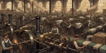 Bustling factory floor with steam engines and textile machinery during the American Industrial Revolution, circa 1890.