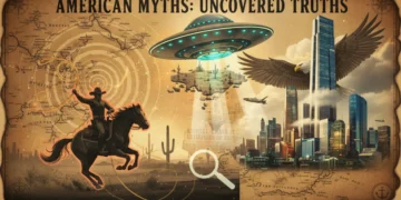 Illustration of American myths and historical facts colliding, with a magnifying glass over a timeline.