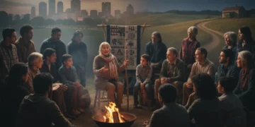 Diverse community listening to a storyteller, symbolizing American oral traditions