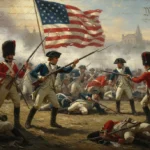 2026 Bicentennial: 5 Key American Revolution Debates Illustration of American and British soldiers in battle during the Revolutionary War, with a colonial flag.