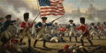 Illustration of American and British soldiers in battle during the Revolutionary War, with a colonial flag.