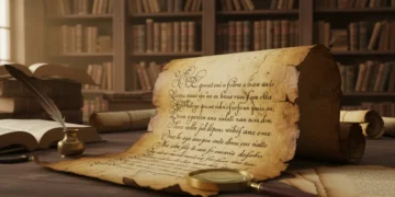 Ancient American historical document unrolled in an archive