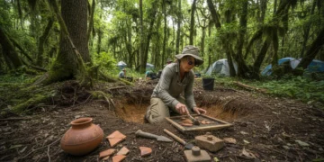 Archaeologist uncovering ancient artifacts in an early American historical site, revealing new insights.
