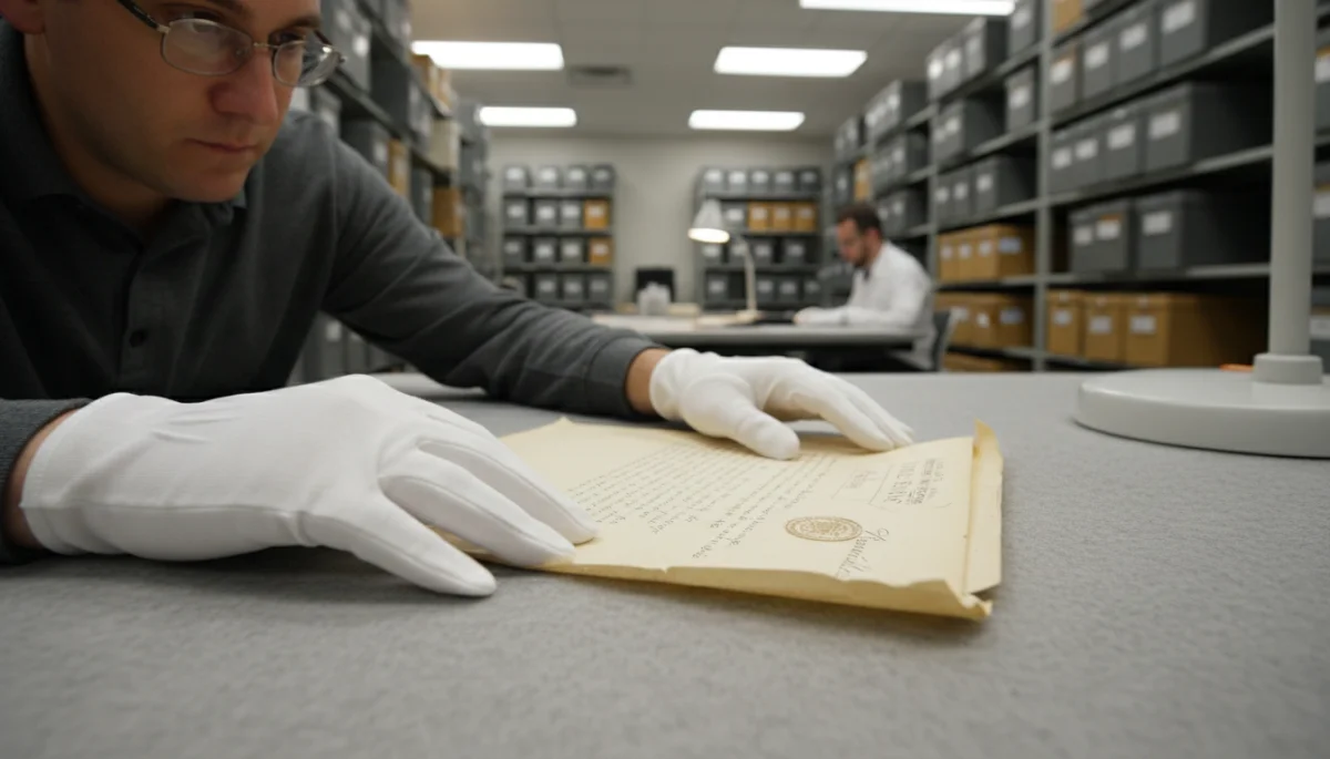 Researcher carefully examining an ancient presidential document in an archive