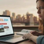 Woman avoiding travel scams on laptop, suspicious booking site