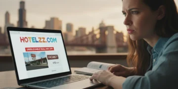 Woman avoiding travel scams on laptop, suspicious booking site