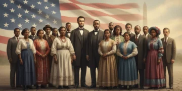 Diverse historical figures celebrating American Bicentennial