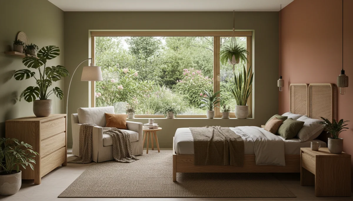 Biophilic bedroom design with natural light and plants