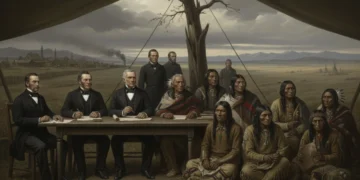 Historical depiction of a broken treaty between US officials and Indigenous Americans
