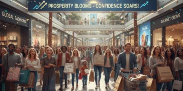 Shoppers with bags in a busy retail environment, representing strong consumer spending.