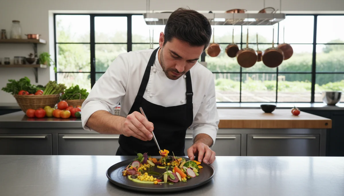 Chef preparing a vibrant, locally sourced, plant-based dish.