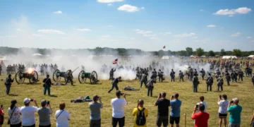 American Civil War reenactment with soldiers and cannons