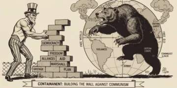 Uncle Sam building a defense wall against a Soviet bear, symbolizing Cold War containment