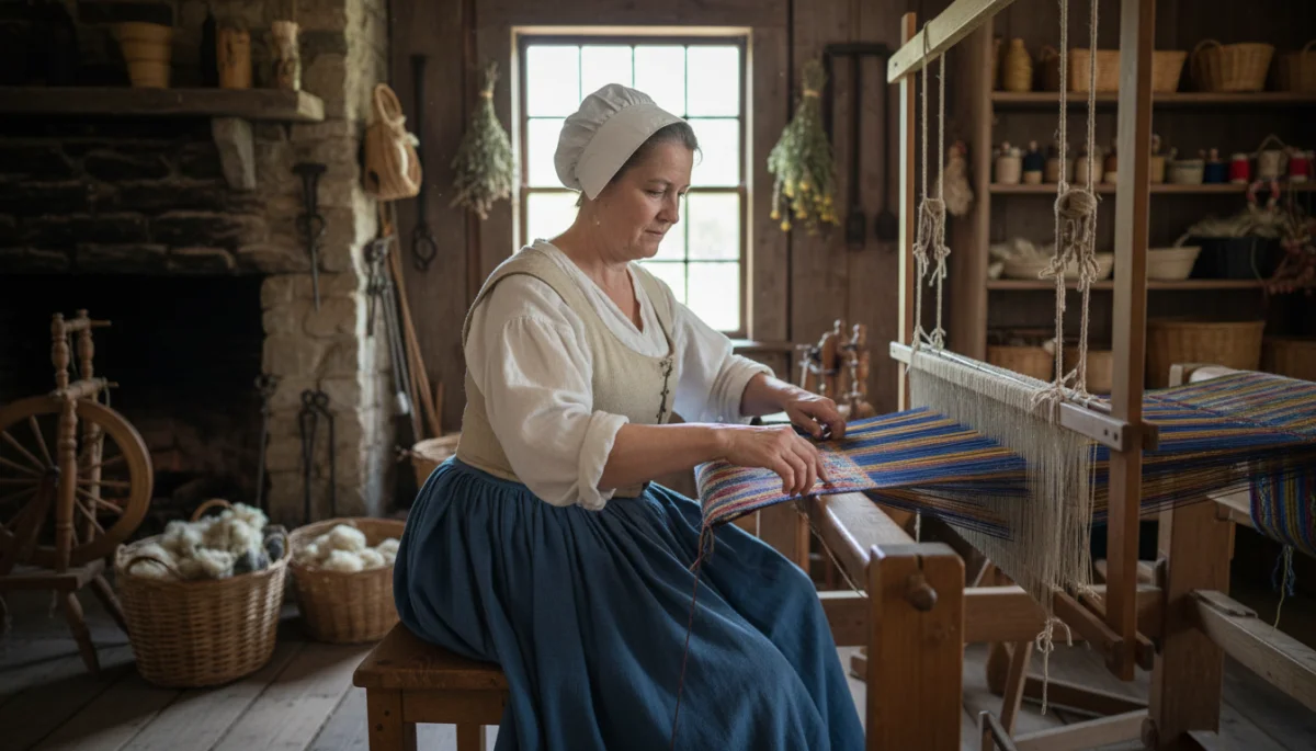 Colonial artisan demonstrating traditional weaving at a historical reenactment