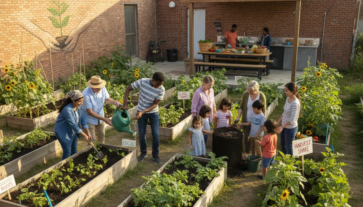 Diverse community members working together in a thriving urban garden, symbolizing local engagement.