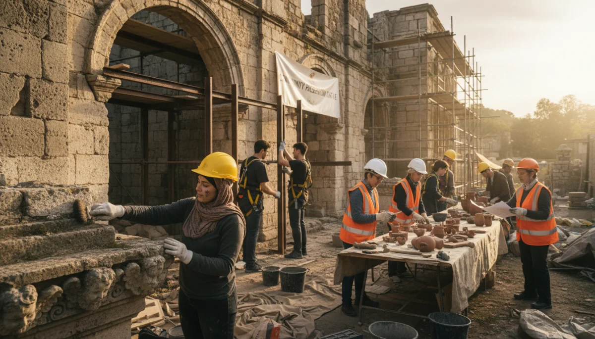 Volunteers actively restoring a historic American building, demonstrating community involvement in preservation