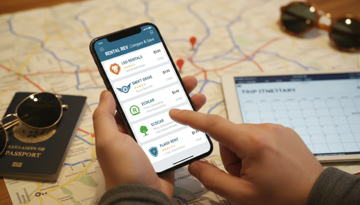 Traveler comparing rental car policies and prices on a smartphone app.