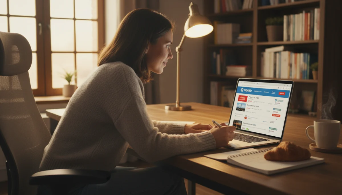 Traveler comparing flight and hotel deals on a laptop for 2026