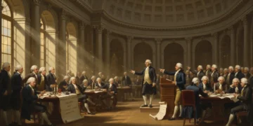 Constitutional Convention delegates discussing the Articles of Confederation's failures in 1787.