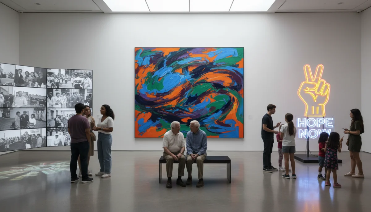 Contemporary art exhibit blending abstract expressionism, civil rights imagery, and pop art elements