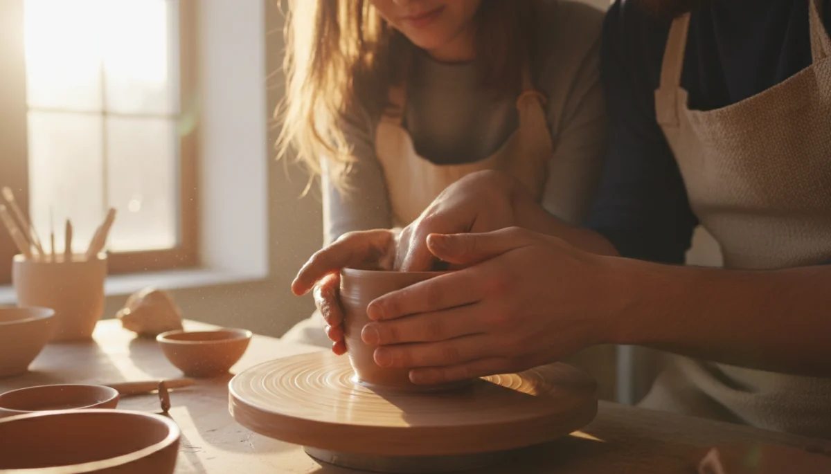 Hands engaged in a detailed craft project
