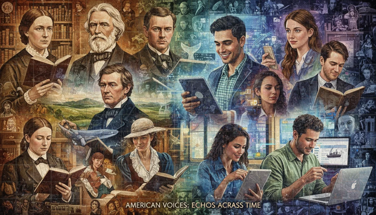 Mosaic of faces showing diverse individuals across centuries, illustrating literary influence.