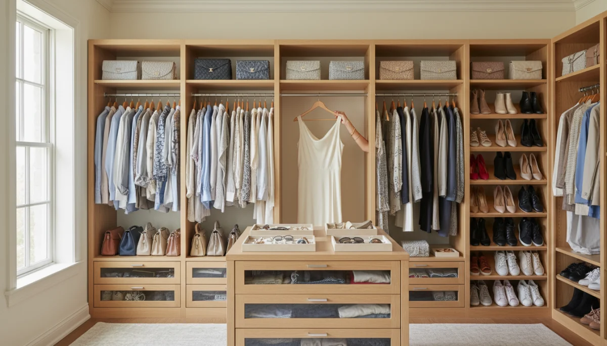 Organized closet with curated clothing and accessories, reflecting personal style.