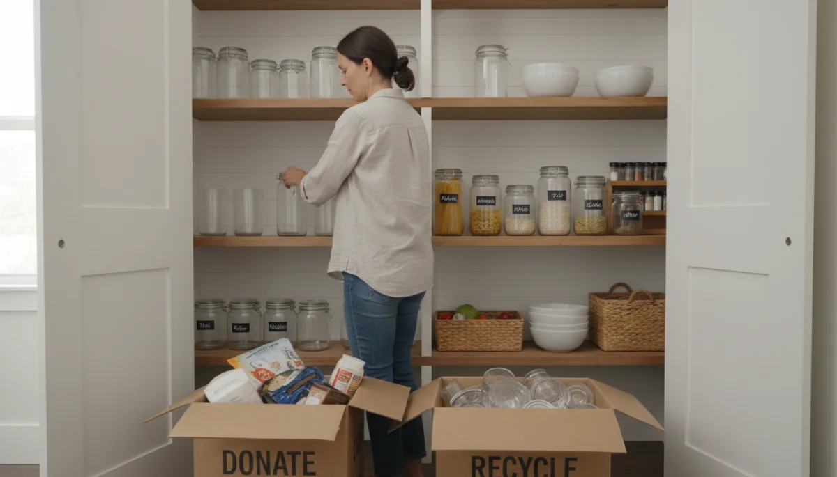 Person decluttering a kitchen pantry for minimalist living