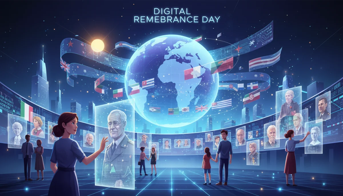 Digital Remembrance Day graphic with virtual memorials and holographic interactions.