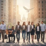 American Identity Evolution: Immigration's Cultural Impact (2026) Diverse Americans celebrating cultural fusion in a city street