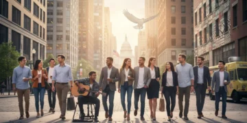 Diverse Americans celebrating cultural fusion in a city street